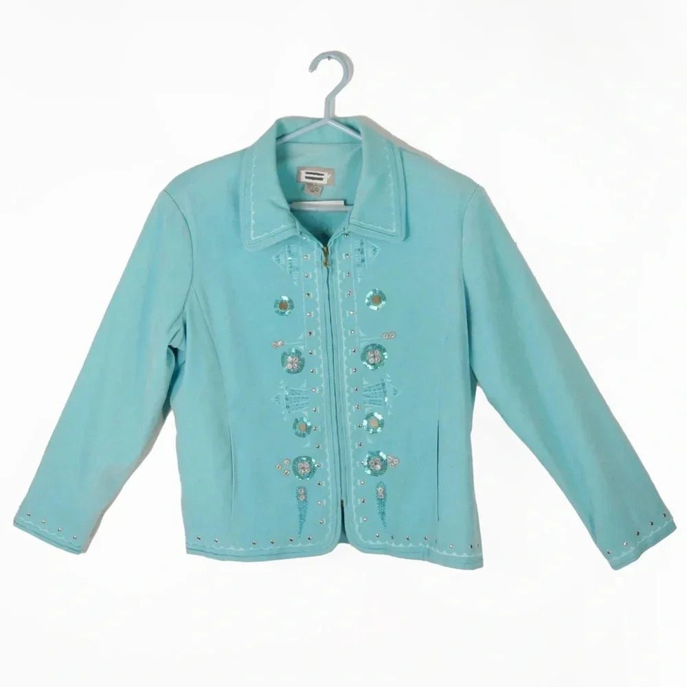Vintage Velvety Blue Beaded Silver Embroidered Zip Up Sweater Jacket